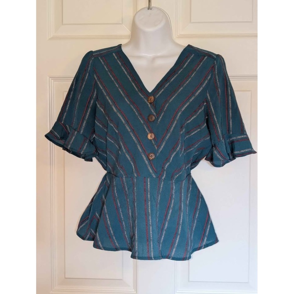 Monteau Los Angeles Striped Peplum Blouse Small Teal Button Front Flutter Sleeve